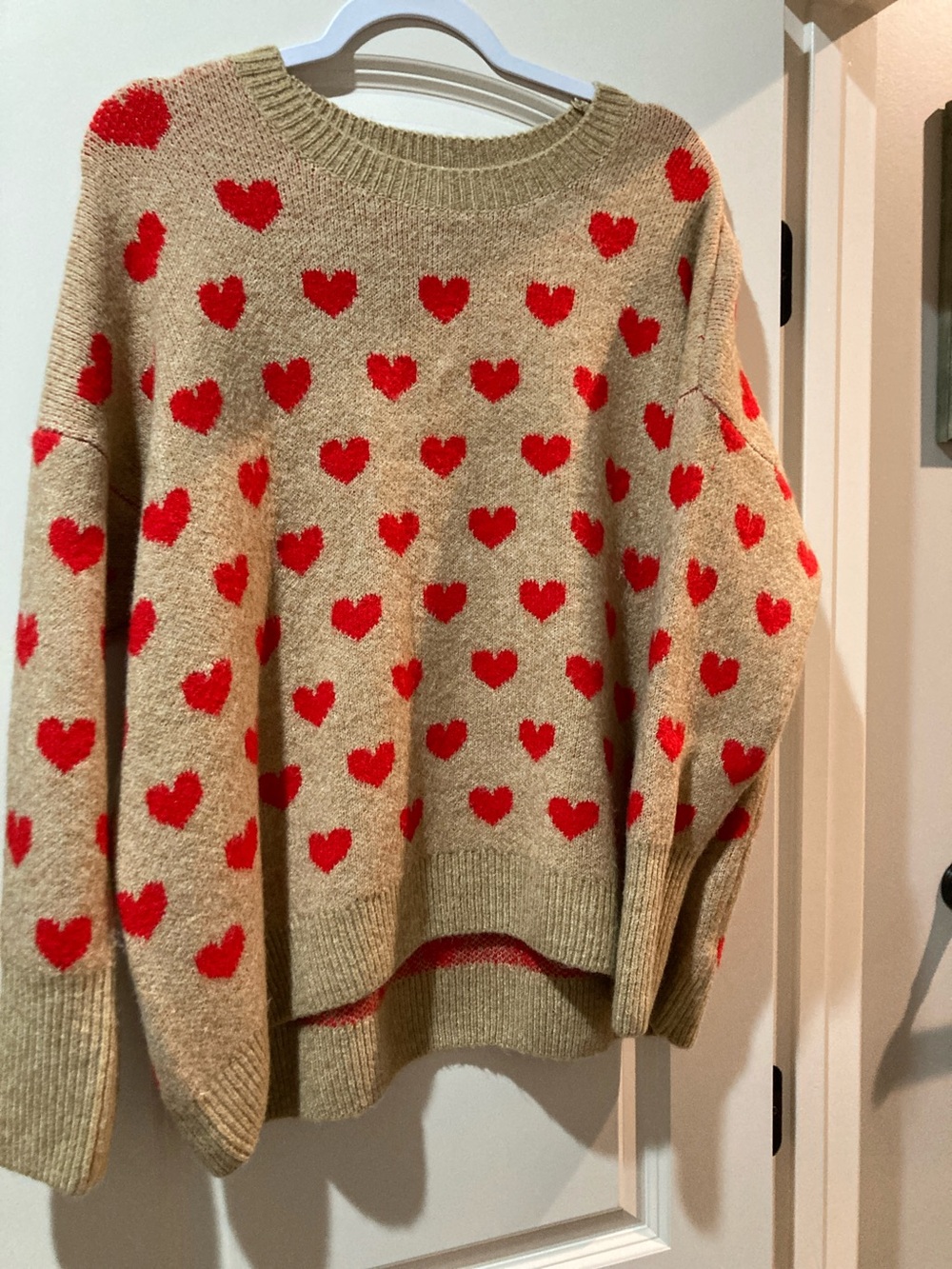 Vince Camuto Tan Crew Sweater with Red Heart Accent